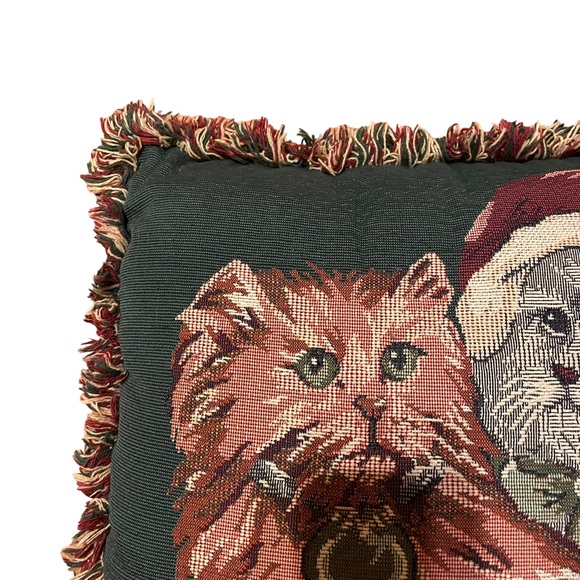 Vintage Christmas Cats Kittens Needlepoint Tapestry Frayed Border Holiday Pillow - Picture 5 of 16